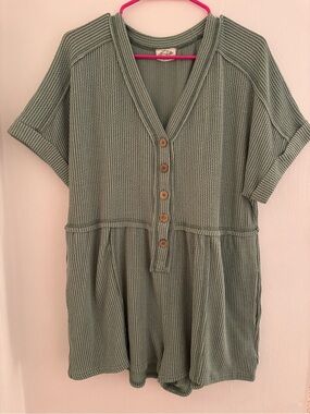 Textured Sage Green Short-Sleeve Romper with Button Front